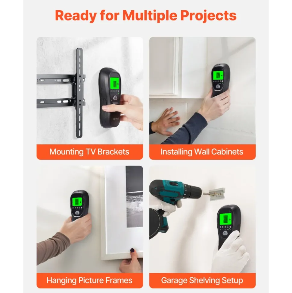 VEVOR Stud Finder Wall Scanner, 5 in 1, Electronic Wall Stud Detector with Smart Sensor, High-Definition LCD Display and Audio Alarm, for the Center and Edge of Metal, AC Wire, Joists, Pipes, Black