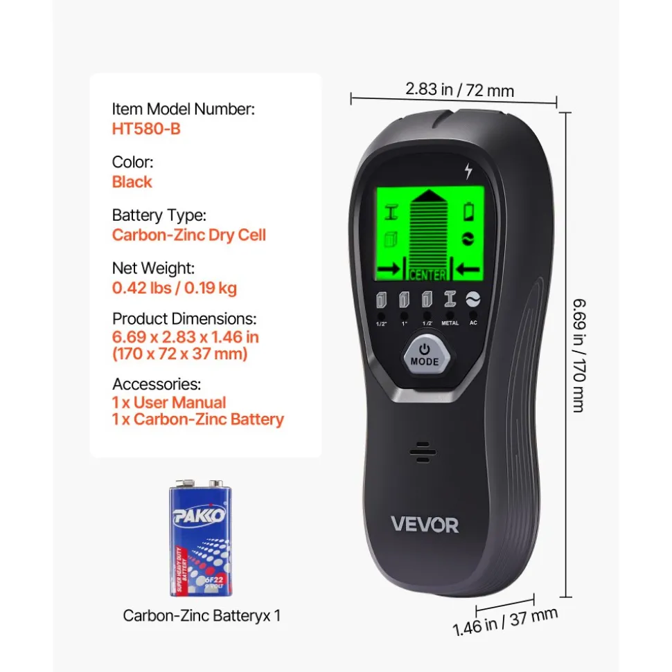 VEVOR Stud Finder Wall Scanner, 5 in 1, Electronic Wall Stud Detector with Smart Sensor, High-Definition LCD Display and Audio Alarm, for the Center and Edge of Metal, AC Wire, Joists, Pipes, Black