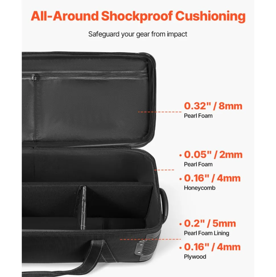 VEVOR Studio Equipment Trolley Case, 46.46 x 14.57 x 11.81 in / 118 x 37 x 30 cm, Rolling Camera Bag, Carrying Bag with Wheels Straps Padded Compartment Handle, for Light Stands, Tripods, Telescopes