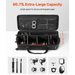 VEVOR Studio Equipment Trolley Case, 46.46 x 14.57 x 11.81 in / 118 x 37 x 30 cm, Rolling Camera Bag, Carrying Bag with Wheels Straps Padded Compartment Handle, for Light Stands, Tripods, Telescopes