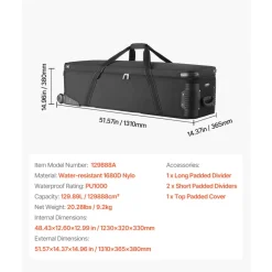 VEVOR Studio Equipment Trolley Case, 51.57 x 14.37 x 14.96 in / 131 x 36.5 x 38 cm, Rolling Camera Bag, Carrying Bag with Wheels Straps Padded Compartment Handle, for Light Stands, Tripods, Telescopes