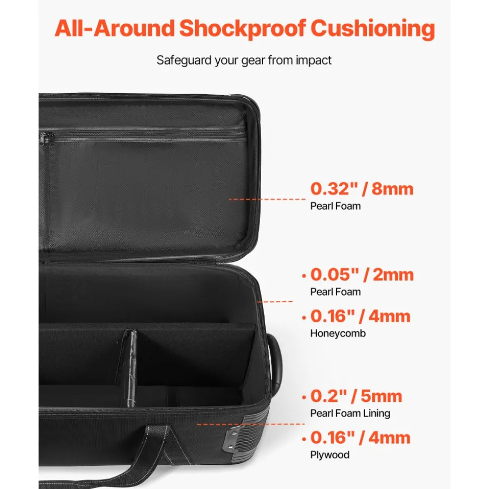 VEVOR Studio Equipment Trolley Case, 51.57 x 14.37 x 14.96 in / 131 x 36.5 x 38 cm, Rolling Camera Bag, Carrying Bag with Wheels Straps Padded Compartment Handle, for Light Stands, Tripods, Telescopes