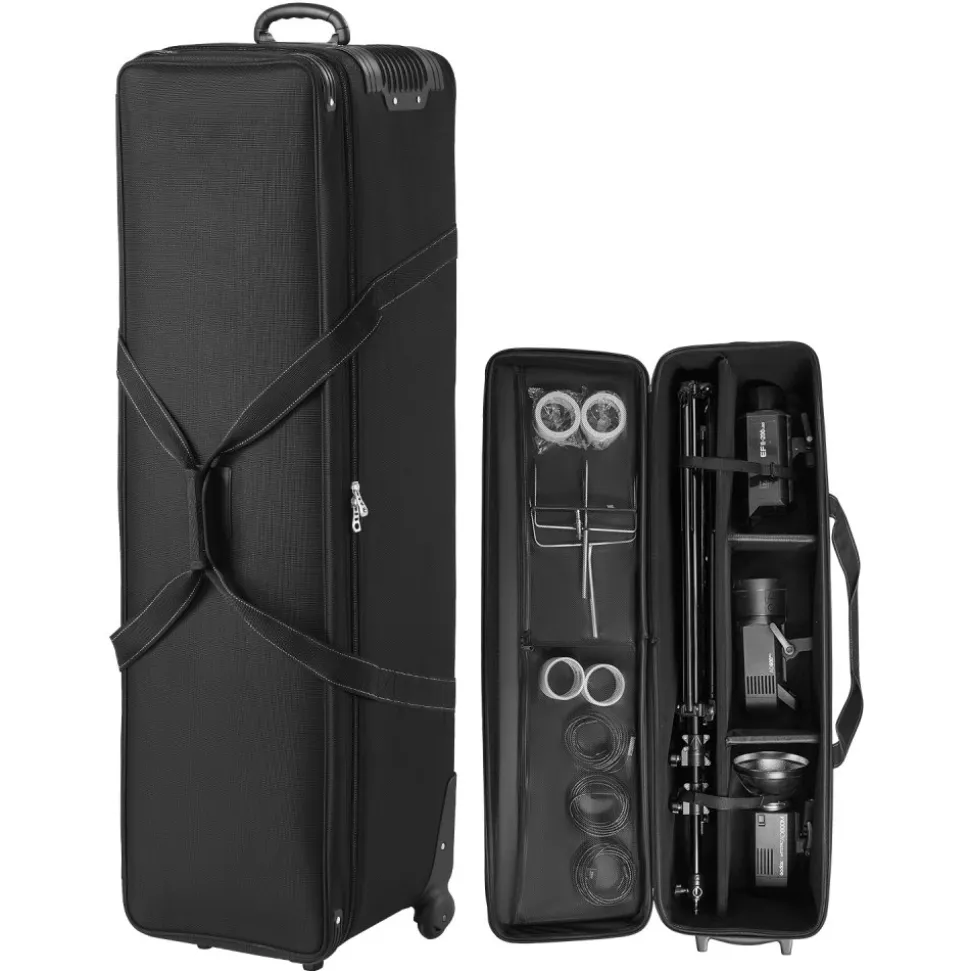VEVOR Studio Equipment Trolley Case, 51.57 x 14.37 x 14.96 in / 131 x 36.5 x 38 cm, Rolling Camera Bag, Carrying Bag with Wheels Straps Padded Compartment Handle, for Light Stands, Tripods, Telescopes