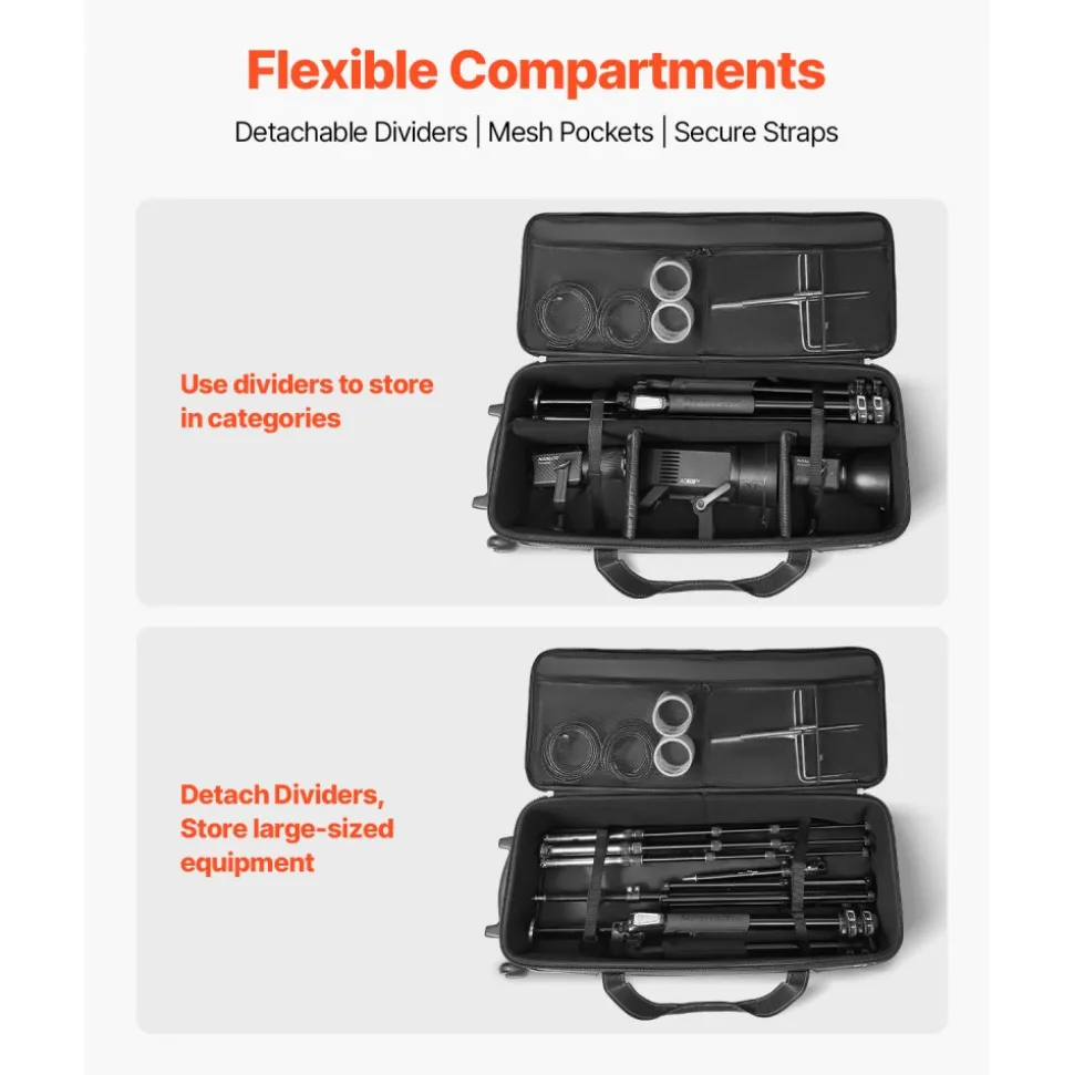 VEVOR Studio Equipment Trolley Case, 35.83 x 11.81 x 14 in / 91 x 30 x 35.5 cm, Rolling Camera Bag, Carrying Bag with Wheels Straps Padded Compartment Handle, for Light Stands, Tripods, Telescopes