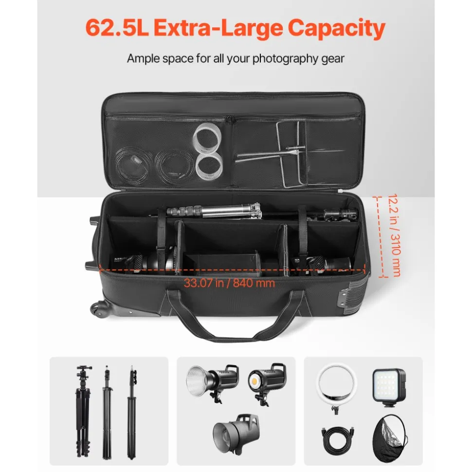 VEVOR Studio Equipment Trolley Case, 35.83 x 11.81 x 14 in / 91 x 30 x 35.5 cm, Rolling Camera Bag, Carrying Bag with Wheels Straps Padded Compartment Handle, for Light Stands, Tripods, Telescopes