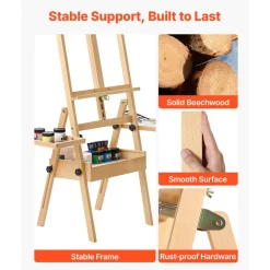 VEVOR Studio H-Frame Easel Holds Canvas Up to 35.43" Solid Beech Wood Frame, For Artists Painting, Adjustable Height & Angle, Multi-Function Wooden Art Easel with Storage Box & Trays, Natural Color
