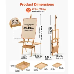 VEVOR Studio H-Frame Easel Holds Canvas Up to 35.43" Solid Beech Wood Frame, For Artists Painting, Adjustable Height & Angle, Multi-Function Wooden Art Easel with Storage Box & Trays, Natural Color