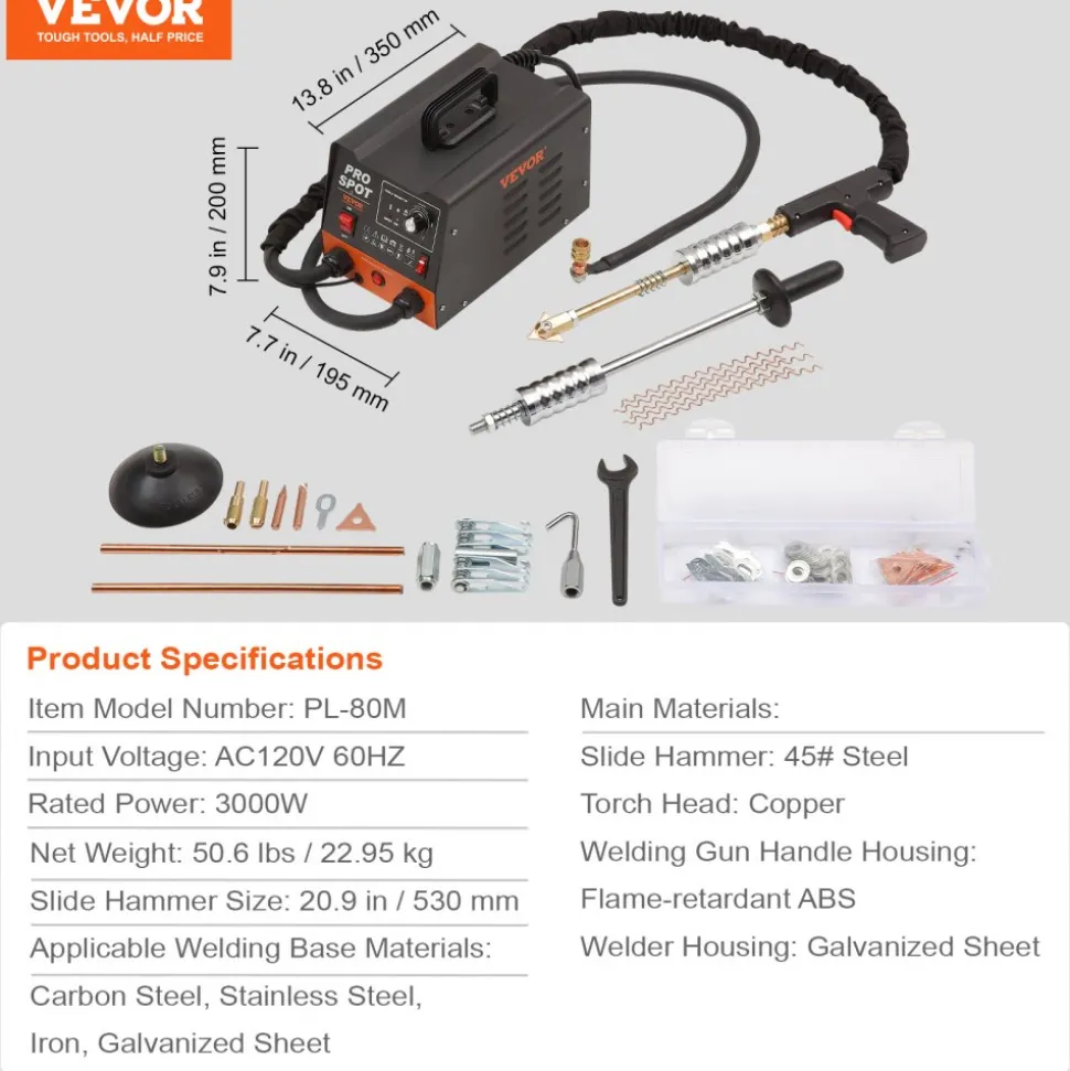 VEVOR Stud Welder Dent Repair Kit, 3KW Spot Welder Dent Puller with 6 Welding Modes, Auto Body Spot Welding Dent Puller Machine & 16 Types of Welding Accessories for Car, Truck, Motorcycle Dent Repair