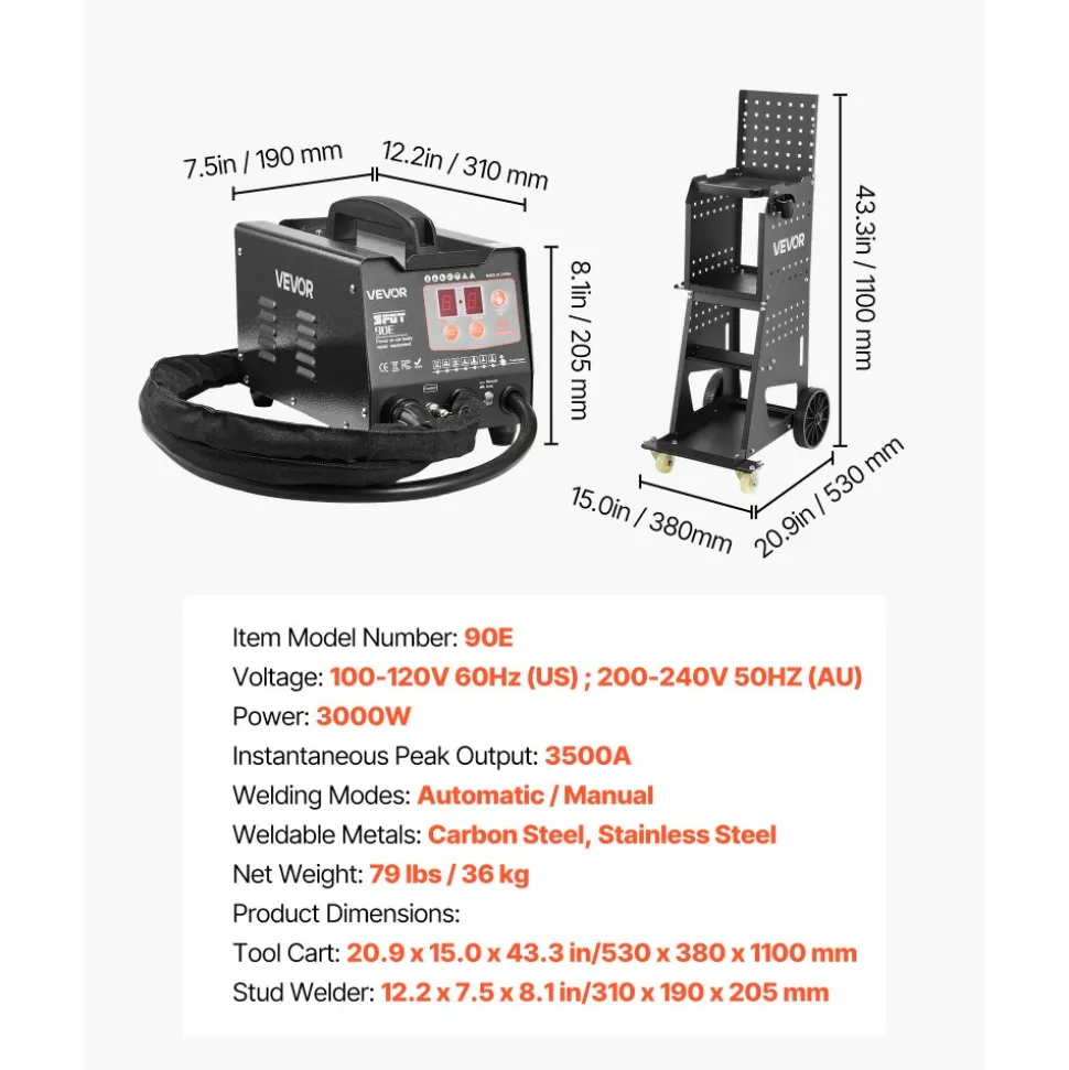 VEVOR Stud Welder Dent Repair Kit & Welding Cart, 3KW Spot Welder with 2 Welding Guns and 7 Modes, 110V Auto Body Spot Welding Dent Repair Machine for Steel Panel Repair
