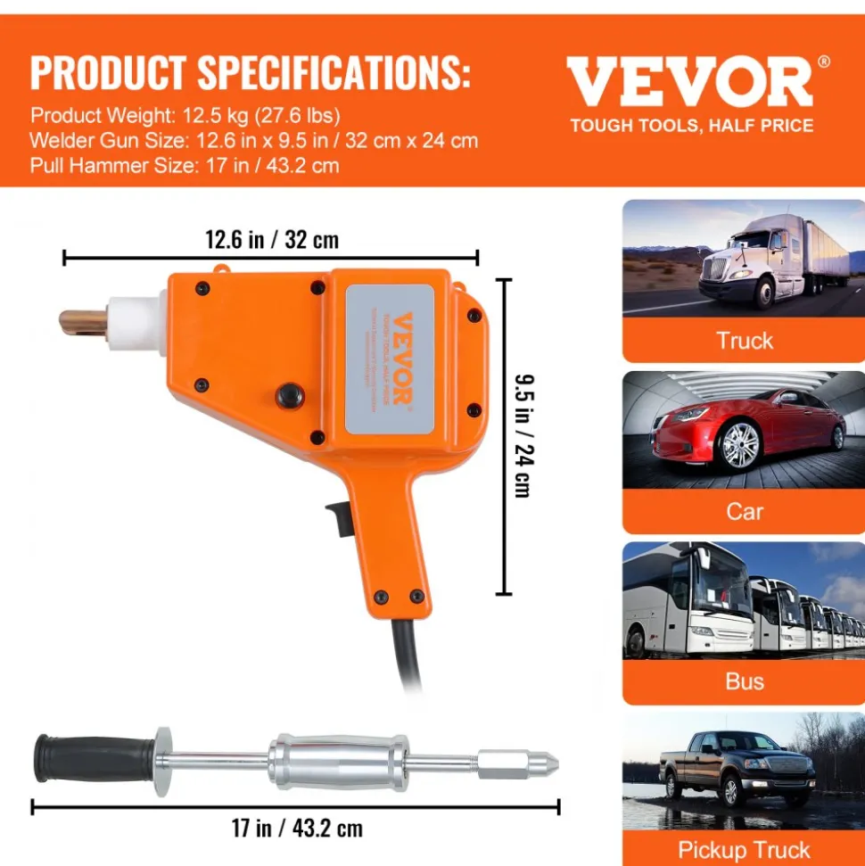 VEVOR Stud Welder Kit, 5500 Stud Welder Dent Repair Kit, 800VA Spot Welder Stud, 110V Welder Stud Kit, Stud Gun Dent Puller Kit with Complete Accessories, Dent Welder Repair for Auto Body Repairing