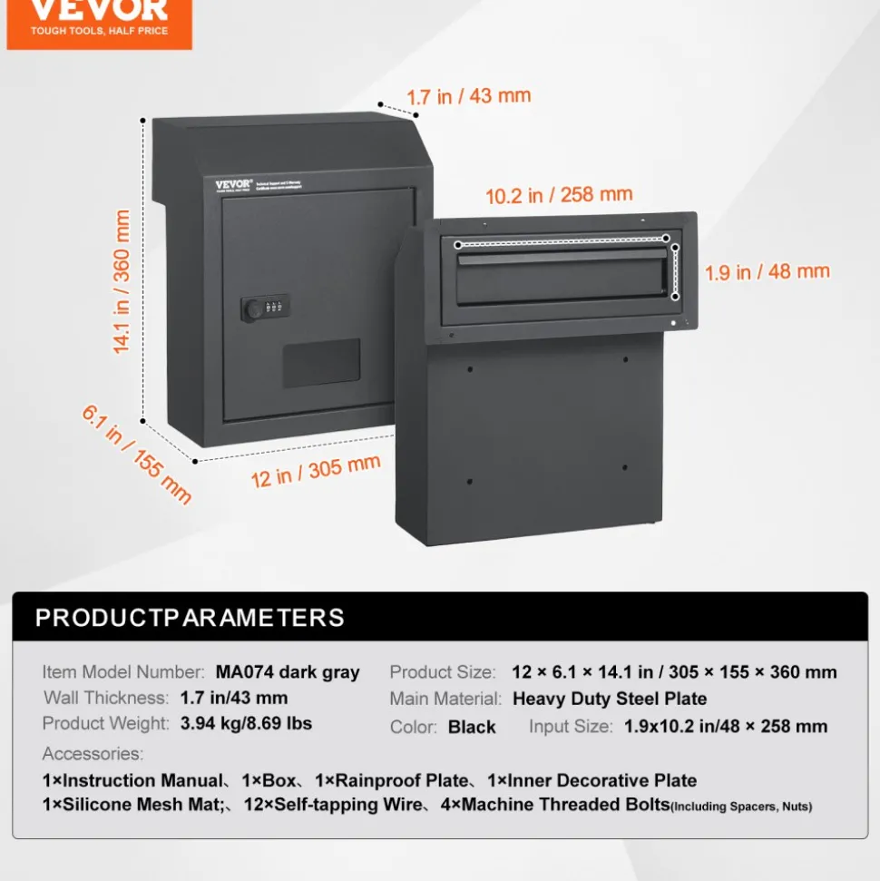VEVOR Sturdy Metal Key Locker, Combo Lock, Mountable on Wall, 12'', Charcoal Gray, Ensures Safe Keeping of Mail and Keys