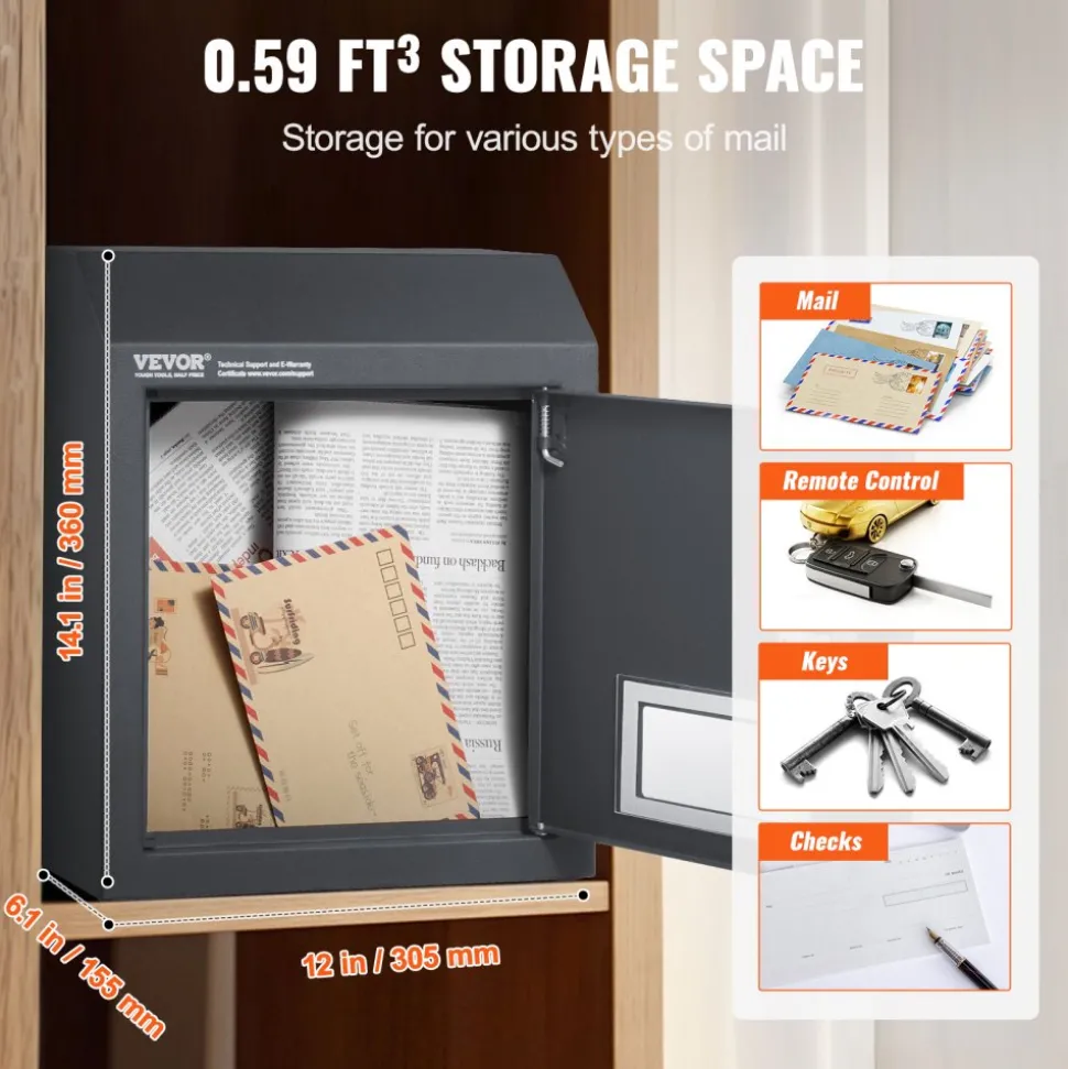 VEVOR Sturdy Metal Key Locker, Combo Lock, Mountable on Wall, 12'', Charcoal Gray, Ensures Safe Keeping of Mail and Keys
