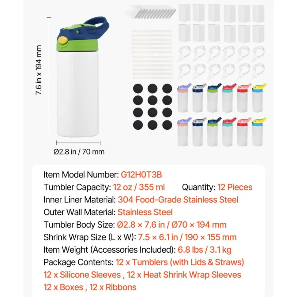 VEVOR Sublimation Tumblers, 12 Pack, 12 oz Kids Sublimation Water Bottles, Food-Grade Stainless Steel Cups with Lids and Straws, Double Wall Insulated Tumbler Blank, for DIY Personalized Customization