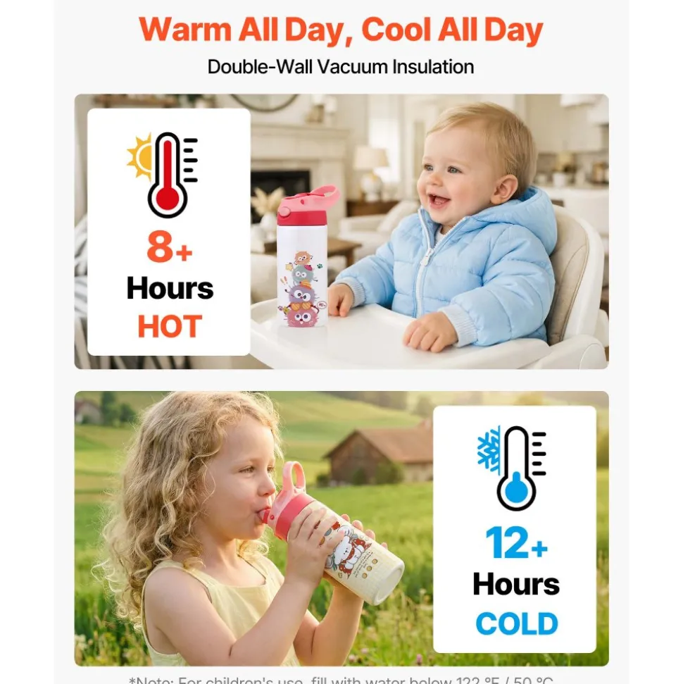 VEVOR Sublimation Tumblers, 12 Pack, 12 oz Kids Sublimation Water Bottles, Food-Grade Stainless Steel Cups with Lids and Straws, Double Wall Insulated Tumbler Blank, for DIY Personalized Customization
