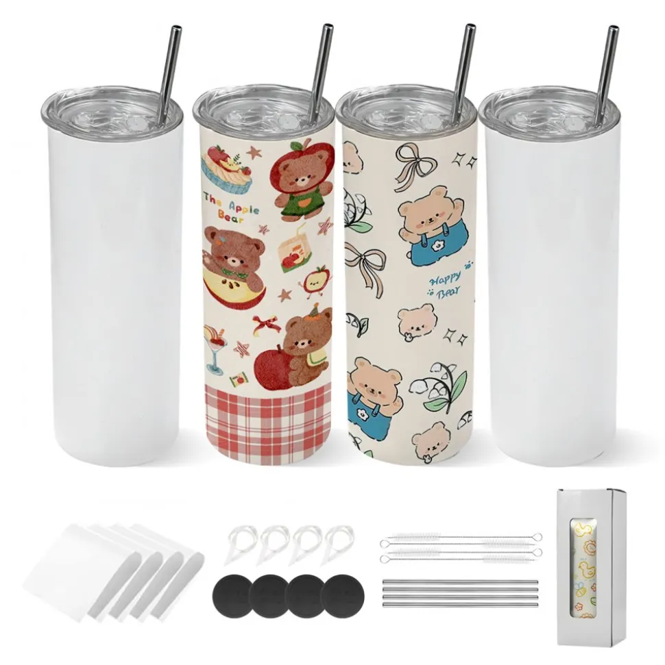 VEVOR Sublimation Tumblers, 4 Pack, 20 oz Skinny Straight Tumblers Bulk, Stainless Steel Sublimation Cups with Lids and Straws, Double Wall Insulated Tumbler Blank, for DIY Personalized Customization