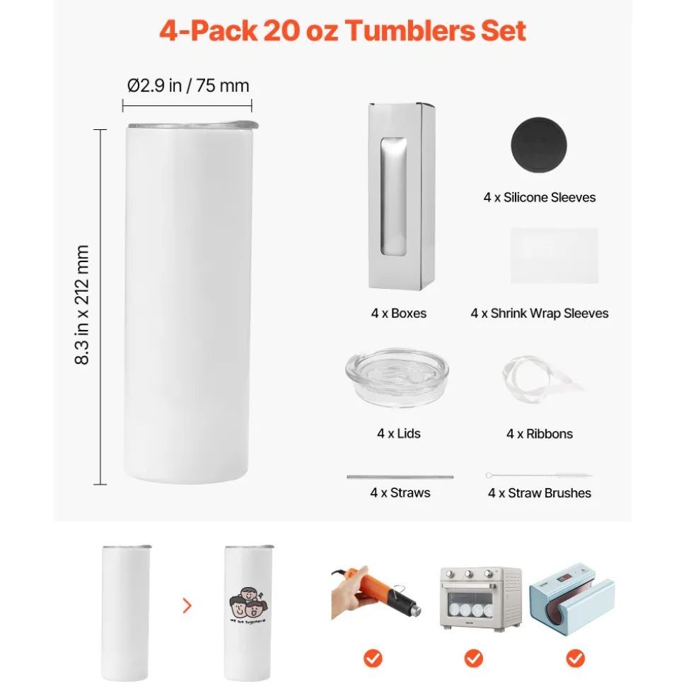 VEVOR Sublimation Tumblers, 4 Pack, 20 oz Skinny Straight Tumblers Bulk, Stainless Steel Sublimation Cups with Lids and Straws, Double Wall Insulated Tumbler Blank, for DIY Personalized Customization