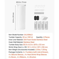 VEVOR Sublimation Tumblers, 4 Pack, 20 oz Skinny Straight Tumblers Bulk, Stainless Steel Sublimation Cups with Lids and Straws, Double Wall Insulated Tumbler Blank, for DIY Personalized Customization