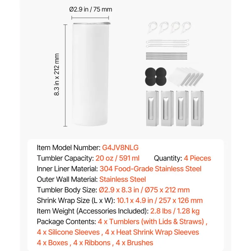 VEVOR Sublimation Tumblers, 4 Pack, 20 oz Skinny Straight Tumblers Bulk, Stainless Steel Sublimation Cups with Lids and Straws, Double Wall Insulated Tumbler Blank, for DIY Personalized Customization