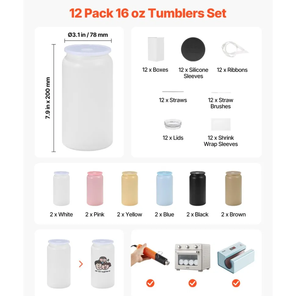 VEVOR Sublimation Tumblers, 12 Pack, 16 oz Multicolored Tumblers Bulk, Stainless Steel Sublimation Cups with Lids and Straws, Double Wall Insulated Tumbler Blank, for DIY Personalized Customization