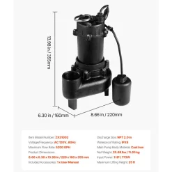 VEVOR Submersible Sewage Pump, 1 HP, 5200 GPH Cast Iron Sewage/Effluent Pump with Automatic Tethered Float Switch, 2-Inch NPT Discharge, 120V, 25 ft Max Lift, for Basement, Septic Tank, Residential
