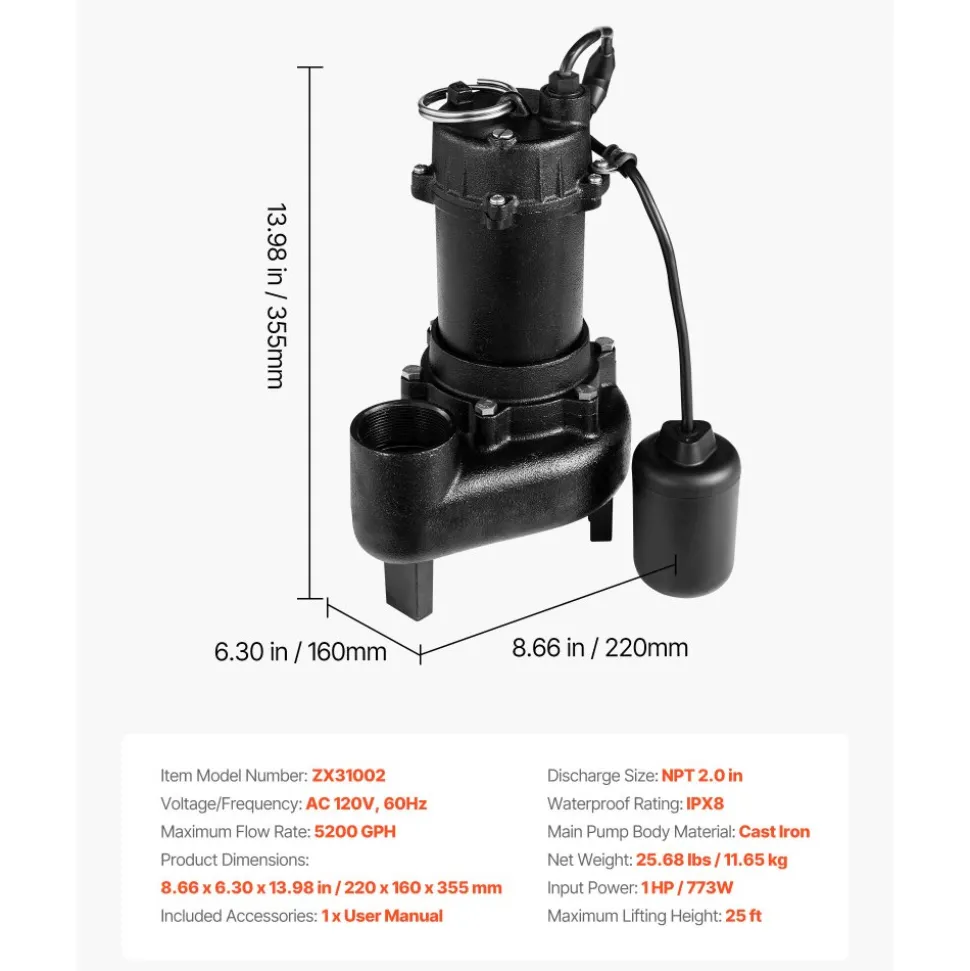 VEVOR Submersible Sewage Pump, 1 HP, 5200 GPH Cast Iron Sewage/Effluent Pump with Automatic Tethered Float Switch, 2-Inch NPT Discharge, 120V, 25 ft Max Lift, for Basement, Septic Tank, Residential