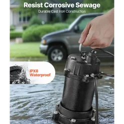 VEVOR Submersible Sewage Pump, 1 HP, 5200 GPH Cast Iron Sewage/Effluent Pump with Automatic Tethered Float Switch, 2-Inch NPT Discharge, 120V, 25 ft Max Lift, for Basement, Septic Tank, Residential