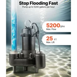 VEVOR Submersible Sewage Pump, 1 HP, 5200 GPH Cast Iron Sewage/Effluent Pump with Automatic Tethered Float Switch, 2-Inch NPT Discharge, 120V, 25 ft Max Lift, for Basement, Septic Tank, Residential
