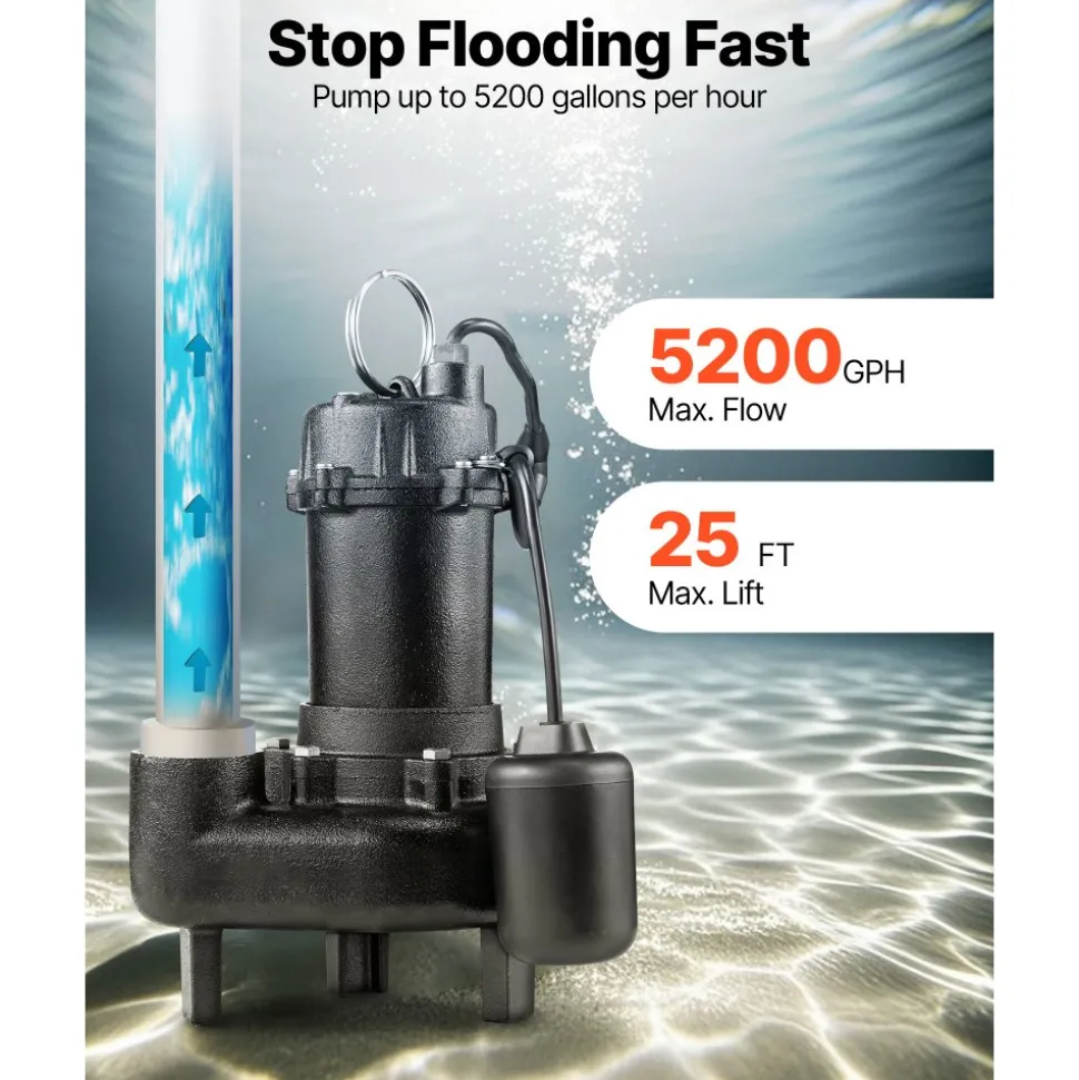 VEVOR Submersible Sewage Pump, 1 HP, 5200 GPH Cast Iron Sewage/Effluent Pump with Automatic Tethered Float Switch, 2-Inch NPT Discharge, 120V, 25 ft Max Lift, for Basement, Septic Tank, Residential