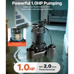 VEVOR Submersible Sewage Pump, 1 HP, 5200 GPH Cast Iron Sewage/Effluent Pump with Automatic Tethered Float Switch, 2-Inch NPT Discharge, 120V, 25 ft Max Lift, for Basement, Septic Tank, Residential