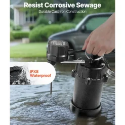 VEVOR Submersible Sewage Pump, 1/2 HP, 4800 GPH Cast Iron Sewage/Effluent Pump with Automatic Tethered Float Switch, 2-Inch NPT Discharge, 120V, 20 ft Max Lift, for Basement, Septic Tank, Residential