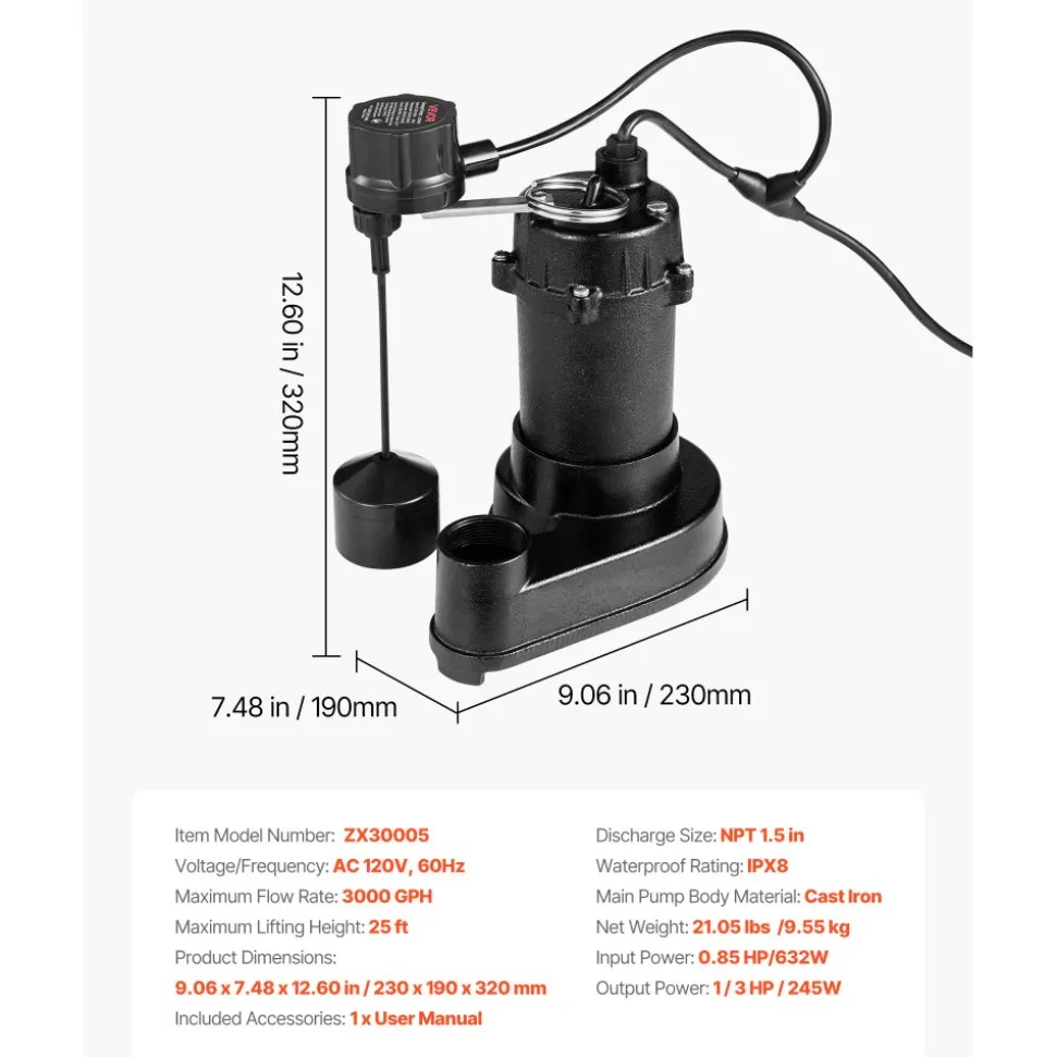 VEVOR Submersible Sewage Pump, 1/2 HP, 4800 GPH Cast Iron Sewage/Effluent Pump with Automatic Tethered Float Switch, 2-Inch NPT Discharge, 120V, 20 ft Max Lift, for Basement, Septic Tank, Residential