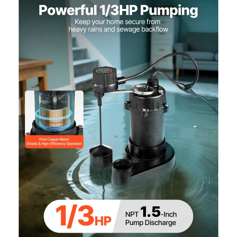 VEVOR Submersible Sewage Pump, 1/2 HP, 4800 GPH Cast Iron Sewage/Effluent Pump with Automatic Tethered Float Switch, 2-Inch NPT Discharge, 120V, 20 ft Max Lift, for Basement, Septic Tank, Residential