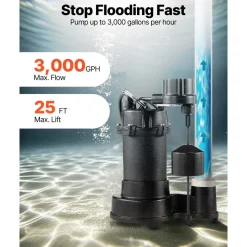 VEVOR Submersible Sewage Pump, 1/2 HP, 4800 GPH Cast Iron Sewage/Effluent Pump with Automatic Tethered Float Switch, 2-Inch NPT Discharge, 120V, 20 ft Max Lift, for Basement, Septic Tank, Residential