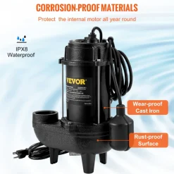 VEVOR Submersible Sewage Pump, 3/4 HP, 5880 GPH, 1050W, Durable Cast Iron, Includes 2