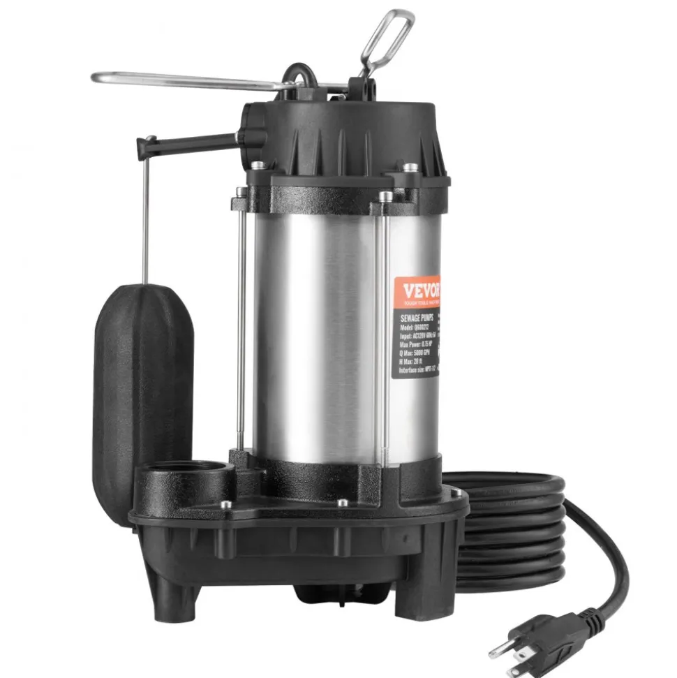 VEVOR Submersible Sewage Pump, 0.75HP 5000 GPH, Cast Iron Sewage Water Pump with 28 ft Lift 10 ft Power Cord and Automatic Float Switch, Stainless Steel for Clean Flooded Basement Yard Farm Sewer