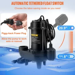 VEVOR Submersible Sewage Pump, 3/4 HP, 5880 GPH, 1050W, Durable Cast Iron, Includes 2