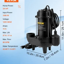 VEVOR Submersible Sewage Pump, 3/4 HP, 5880 GPH, 1050W, Durable Cast Iron, Includes 2