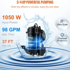 VEVOR Submersible Sewage Pump, 3/4 HP, 5880 GPH, 1050W, Durable Cast Iron, Includes 2