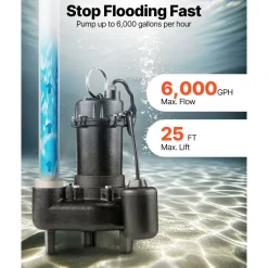 VEVOR Submersible Sewage Pump, 1/2 HP, 6000 GPH Cast Iron Sewage/Effluent Pump with Automatic Tethered Float Switch, 2-Inch NPT Discharge, 120V, 25 ft Max Lift, for Basement, Septic Tank, Residential
