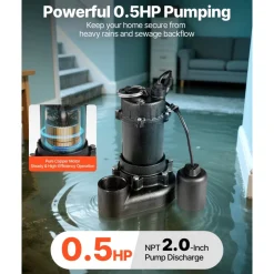 VEVOR Submersible Sewage Pump, 1/2 HP, 6000 GPH Cast Iron Sewage/Effluent Pump with Automatic Tethered Float Switch, 2-Inch NPT Discharge, 120V, 25 ft Max Lift, for Basement, Septic Tank, Residential