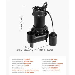 VEVOR Submersible Sewage Pump, 1/2 HP, 6000 GPH Cast Iron Sewage/Effluent Pump with Automatic Tethered Float Switch, 2-Inch NPT Discharge, 120V, 25 ft Max Lift, for Basement, Septic Tank, Residential