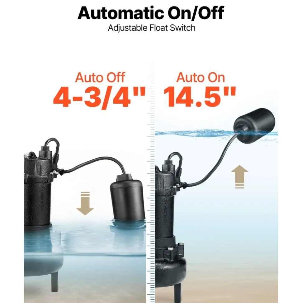 VEVOR Submersible Sewage Pump, 1/2 HP, 6000 GPH Cast Iron Sewage/Effluent Pump with Automatic Tethered Float Switch, 2-Inch NPT Discharge, 120V, 25 ft Max Lift, for Basement, Septic Tank, Residential