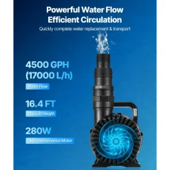 VEVOR Submersible Water Pump, 280W 4500GPH, Aquarium Return Pump with 16.4 ft Lift Height & 180° Adjustable Flow Direction, Suitable for Pond, Aquarium, Fountain, Waterfall, and Fish Tank
