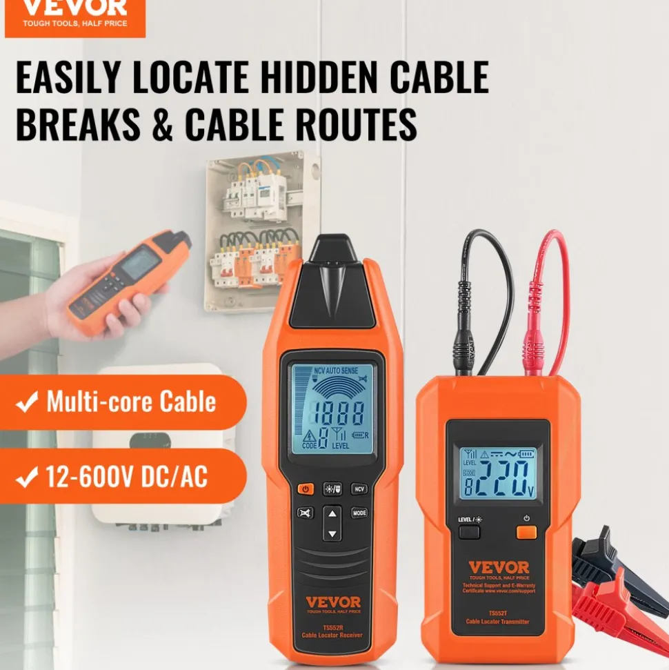 VEVOR Subterranean Wire Tracker, Up to 3 FT Detection Depth, Voltage Range 12-600V, Circuit and Line Break Locator, Extends to 6561 FT for Underground Pipes, Electric Fencing, Hidden Wires