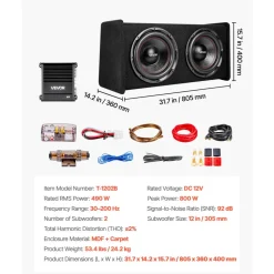VEVOR Subwoofer Bass Package, 12 in, 490W RMS, Dual Car Audio Subwoofer and Amp Package, with Loaded Enclosure, Separate Amplifier, and Wiring Kit, for Various Vehicles Trunks, Car Audio Systems