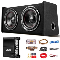 VEVOR Subwoofer Bass Package, 12 in, 490W RMS, Dual Car Audio Subwoofer and Amp Package, with Loaded Enclosure, Separate Amplifier, and Wiring Kit, for Various Vehicles Trunks, Car Audio Systems
