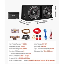 VEVOR Subwoofer Bass Package, 12 in, 1200W RMS, Dual Car Audio Subwoofer and Amp Package, with Loaded Enclosure, Separate Amplifier, and Wiring Kit, for Various Vehicles Trunks, Car Audio Systems