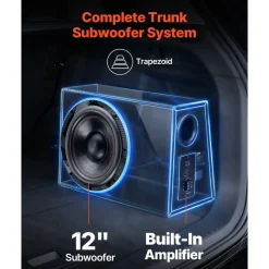 VEVOR Subwoofer Bass Package, 12 in, 245W RMS, Complete Car Audio Subwoofer and Amp Package, with Loaded Enclosure, Built-in Amplifier, and Wiring Kit, Slim Trapezoid , Compact for Car Audio Systems