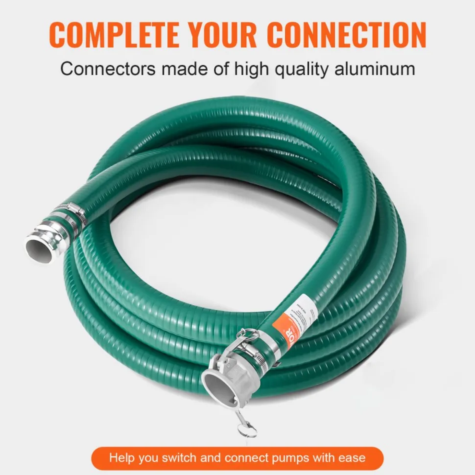 VEVOR Suction Hose, 2 in x 20 ft, Green High Quality Hose, with Camlock Connectors, and Aluminum Fittings, Fit Various Pumps, for Sewage Treatment, Water Transportation and More Agricultural Purposes