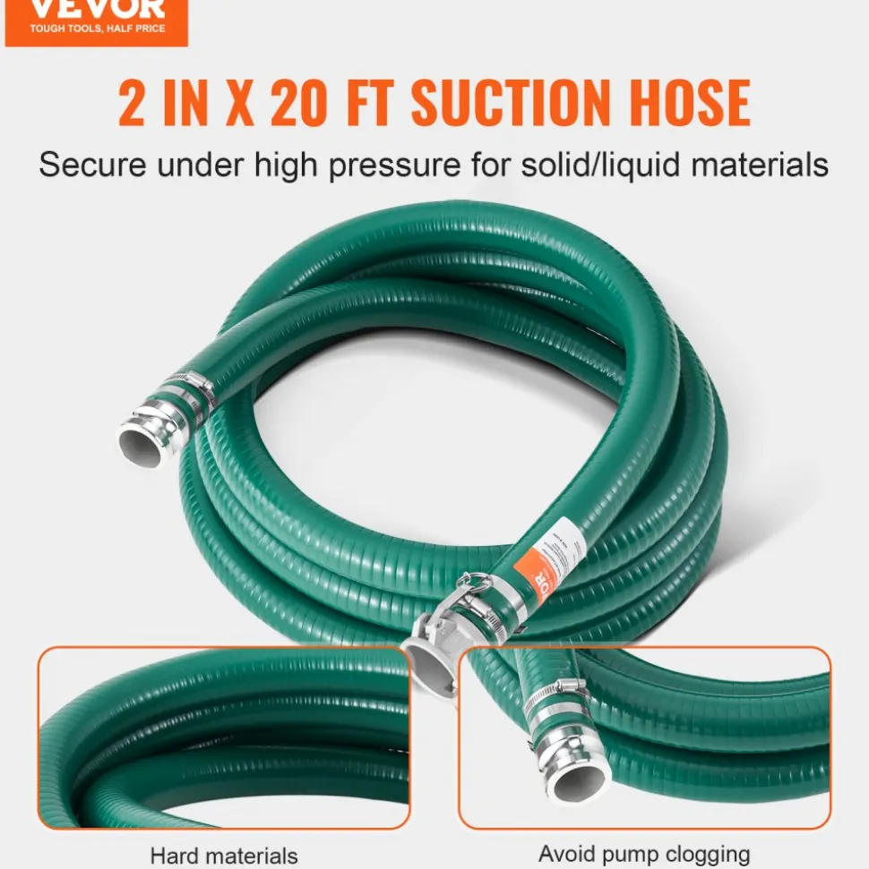 VEVOR Suction Hose, 2 in x 20 ft, Green High Quality Hose, with Camlock Connectors, and Aluminum Fittings, Fit Various Pumps, for Sewage Treatment, Water Transportation and More Agricultural Purposes